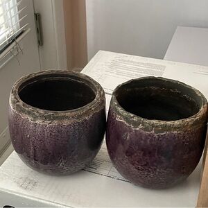 2x hand-thrown purple pottery plant pots planters 5” across top garden